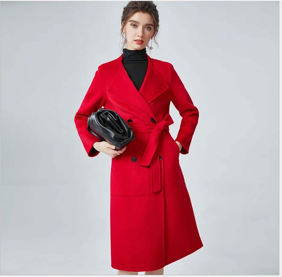 

female Water ripple double-faced cashmere coat Mid-length outwears 2020 autumn overcoats winter jacket double-breasted jackets