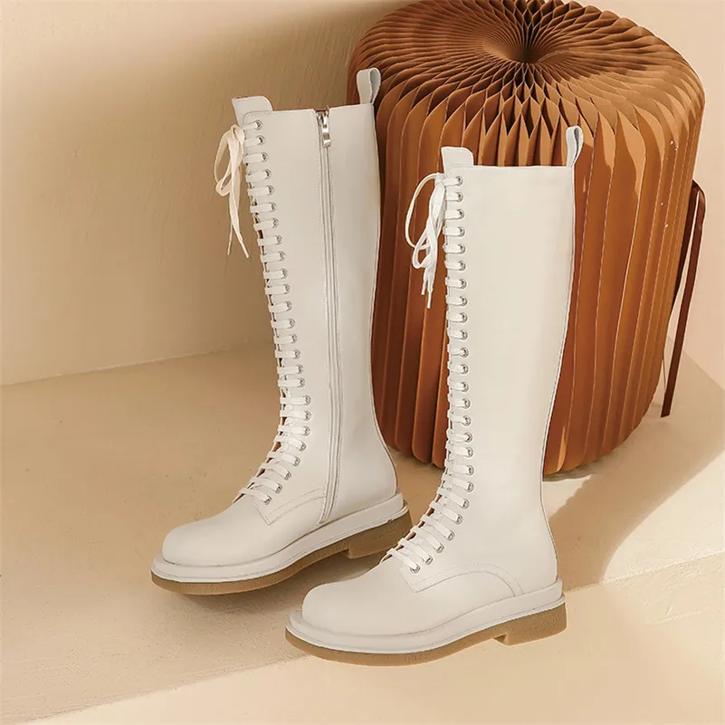 Meotina Women Knee High Boots Shoes Genuine Leather Flats Platform Motorcycle Boots Zipper Cross Tied Ladies Long Boots Brown
Meotina Women Knee High Boots Shoes Genuine Leather Flats Platform Motorcycle Boots Zipper Cross Tied Ladies Long Boots Brown