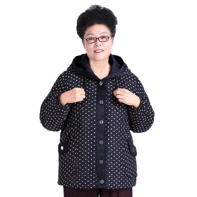 

7XL 8XL 9XL Plus Size Women's Cotton Coat Winter Coats Middle-aged and Elderly Women's Polka Dot Print Hooded Jacket Parkas W54