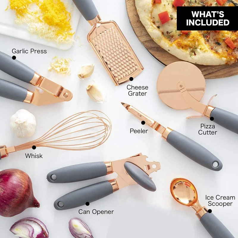 7 Pc Kitchen Gadget Set Copper Coated Stainless Steel Utensils with Soft Contact Gray Handles
7 Pc Kitchen Gadget Set Copper Coated Stainless Steel Utensils with Soft Contact Gray Handles