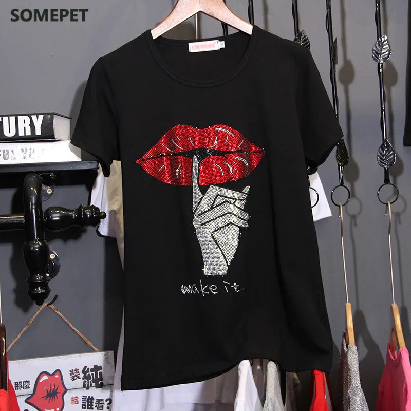 Loose large size 3XL cotton Hot drilling black T-shirts women short sleeve summer Korean version Tees 2021 diamonds Trend Tops
Loose large size 3XL cotton Hot drilling black T-shirts women short sleeve summer Korean version Tees 2021 diamonds Trend Tops