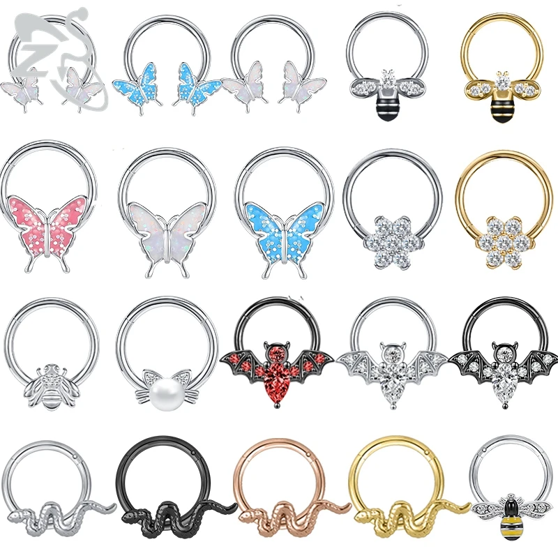 

ZS 1PC 16G Stainless Steel Crystal Septum Nose Ring Bat Bee Butterfly Septum Clicker Piercing Ear Tragus Cartilage Helix 8/10MM
