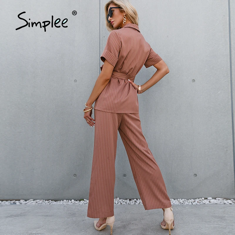 Simplee V-neck stripe belt pants suit female Causal short sleeves pure color suits Fashion summer loose straight woman sets
Simplee V-neck stripe belt pants suit female Causal short sleeves pure color suits Fashion summer loose straight woman sets