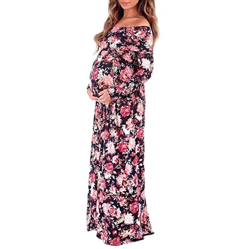 

Hot Selling Women'S Clothing New Print Long-Sleeved Lapel One-Shoulder High-Waisted Mopping Maternity Dress