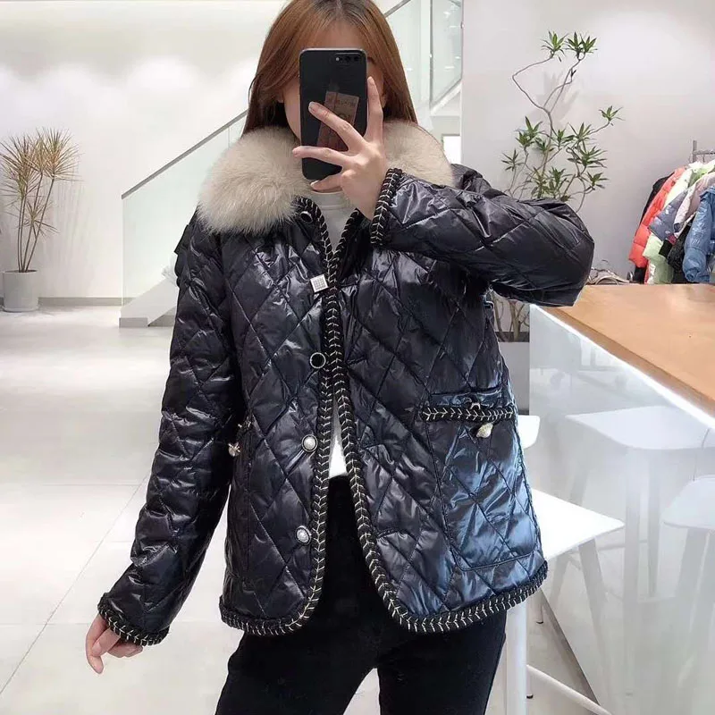 

Down Jacket 2020 New Fashion Women Coat Winter Casual Short Clothes Plaid Style Natural Real Fox Fur Collar Fn008767