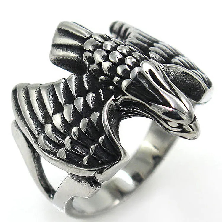 

AsJerlya Flying Eagle Knight Ring Cool Punk Men's Animal Retro Stainless Steel Ring Jewelry Vintage Eagle Wing Party Ring Gift