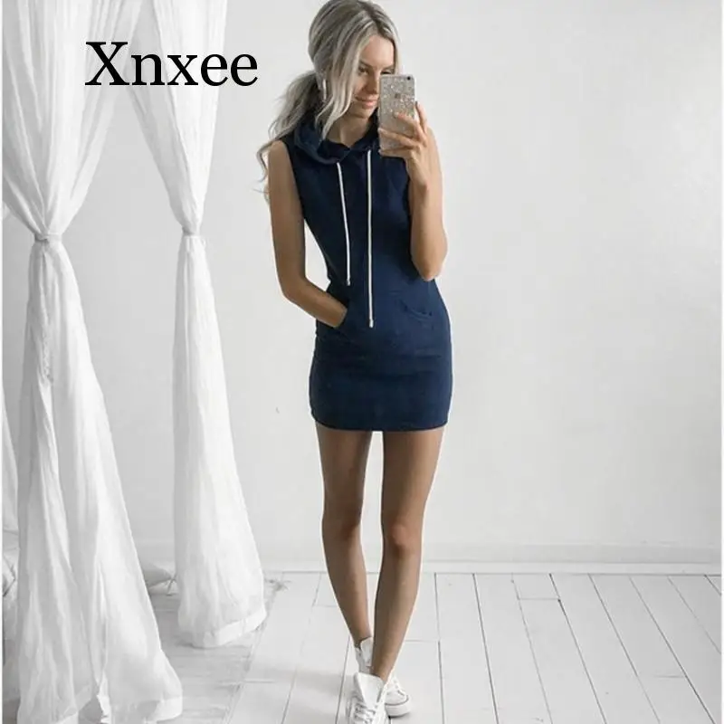 sleep wear Summer Casual Sweatshirt Sleeveless 2020 Women Clothing Hooded Drawstring Collar Pocket Simple Party Mini Tank Dress