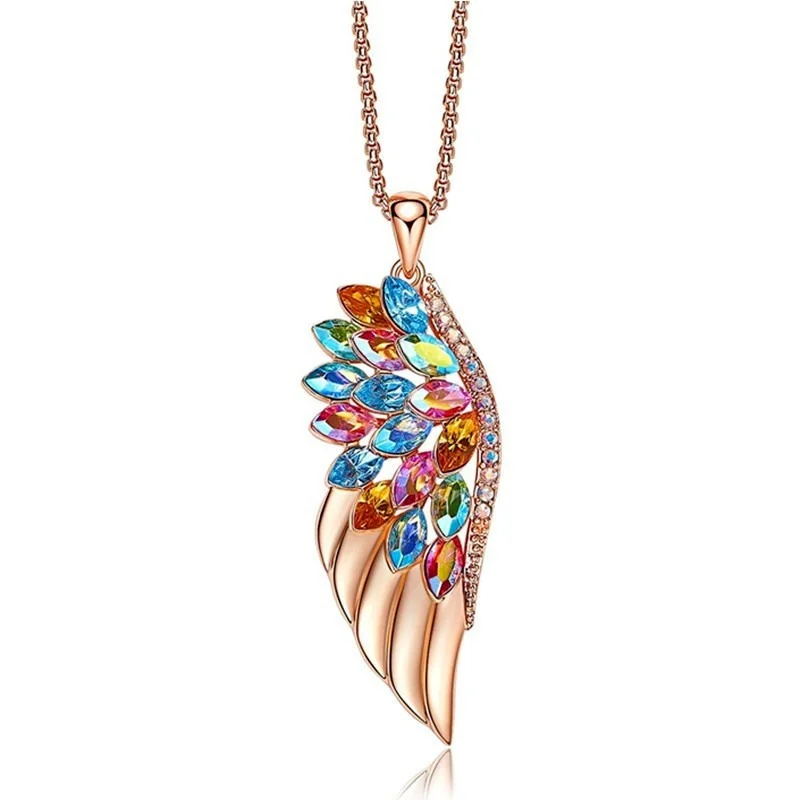 

Birthstone Feather Women Wing Necklace Pendant Embellished with Crystals Rose Gold Jewelry for Ideal Gift fors Mothers Day