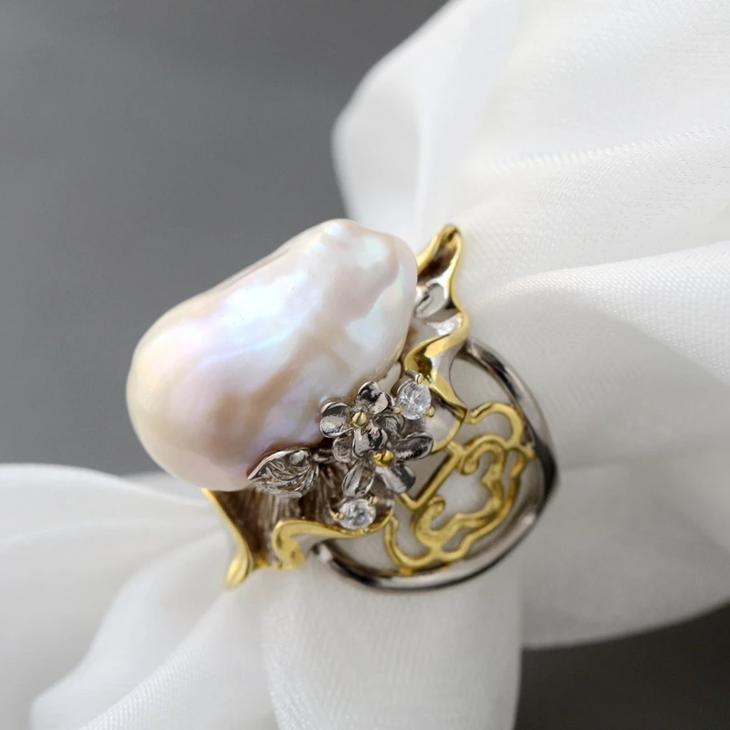 

Оригинальное регулируемое серебряное кольцо в стиле ретро, инкрустированное натуральным пресноводным жемчугом в стиле барокко