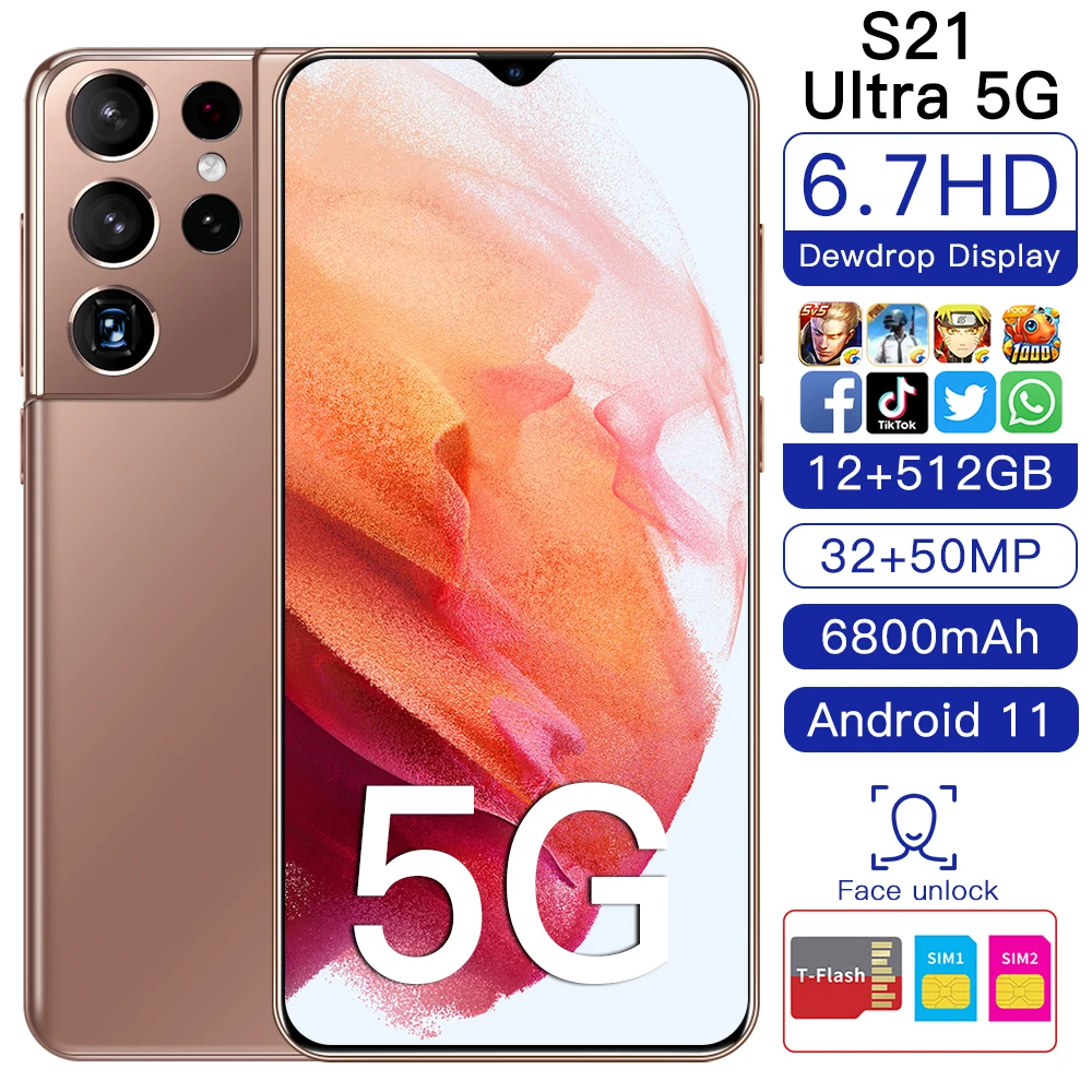2021 S21 Ultra 5G Smartphone 4G/5G Global Version Mobile Phone 16GB+512GB 6800mAh Cellphone Dual SIM Smart Phones Face Unlock
2021 S21 Ultra 5G Smartphone 4G/5G Global Version Mobile Phone 16GB+512GB 6800mAh Cellphone Dual SIM Smart Phones Face Unlock