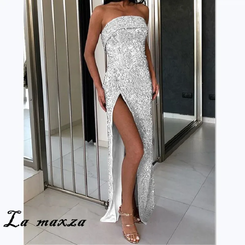 Summer Sexy Fashion Women Party Sequin Dress 2020 Elegant Strapless Slim Long Dress for Women