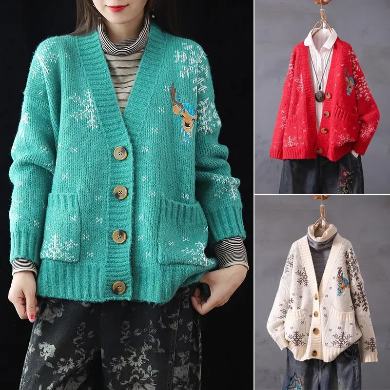New Arrival Women Long Sleeve Cardigan Cartoon Deer Snowflake Embroidery Sweater Button Down Outwear
New Arrival Women Long Sleeve Cardigan Cartoon Deer Snowflake Embroidery Sweater Button Down Outwear