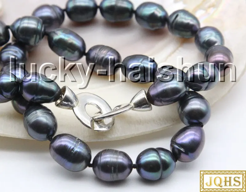 

Genuine 17" 13mm Rice Peacock Black Pearls Knotted Necklace Clasp C37