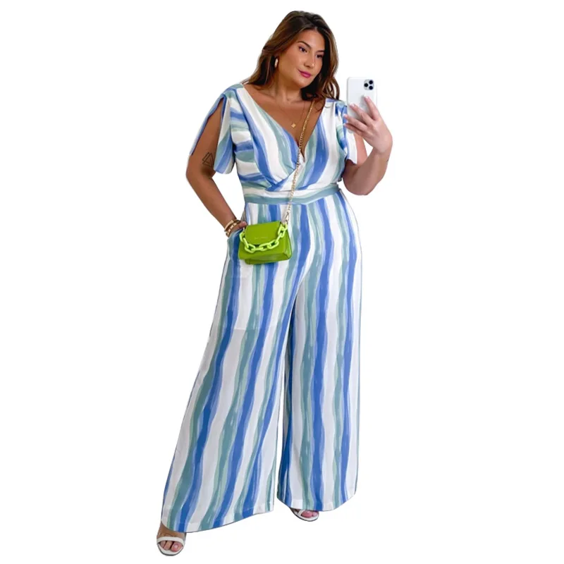 Women Stripes Fashion Jumpsuits Plus Size L-44XL Hollow Out Short Sleeves V Neck Wide Leg Full Length Elegant Lady Rompers 2021
Women Stripes Fashion Jumpsuits Plus Size L-44XL Hollow Out Short Sleeves V Neck Wide Leg Full Length Elegant Lady Rompers 2021