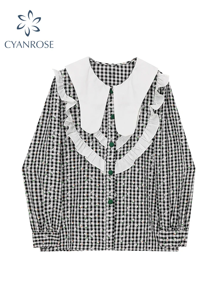 Women's Long Sleeve Elegant Plaid Shirt Vintage Casual Female Peter Pan Collar Ruffle Edge Blouse Patchwork Office Ladies Shirt
Women's Long Sleeve Elegant Plaid Shirt Vintage Casual Female Peter Pan Collar Ruffle Edge Blouse Patchwork Office Ladies Shirt