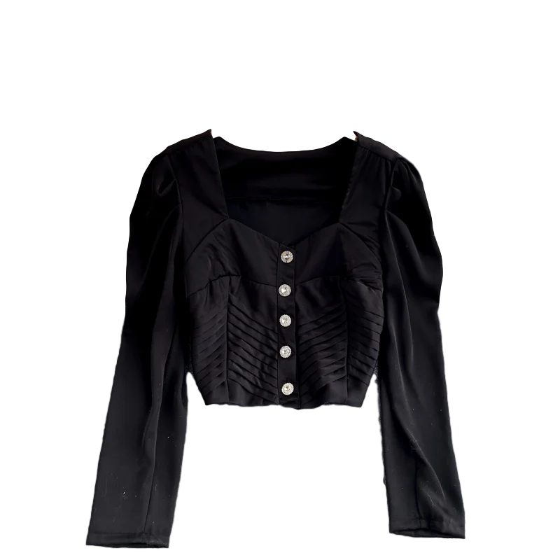 Women's Autumn New Blouse Korean Style Shirts Puff Sleeve Single Breasted Pleated Slim Short Crop Tops Female Blusa UK114 
Women's Autumn New Blouse Korean Style Shirts Puff Sleeve Single Breasted Pleated Slim Short Crop Tops Female Blusa UK114