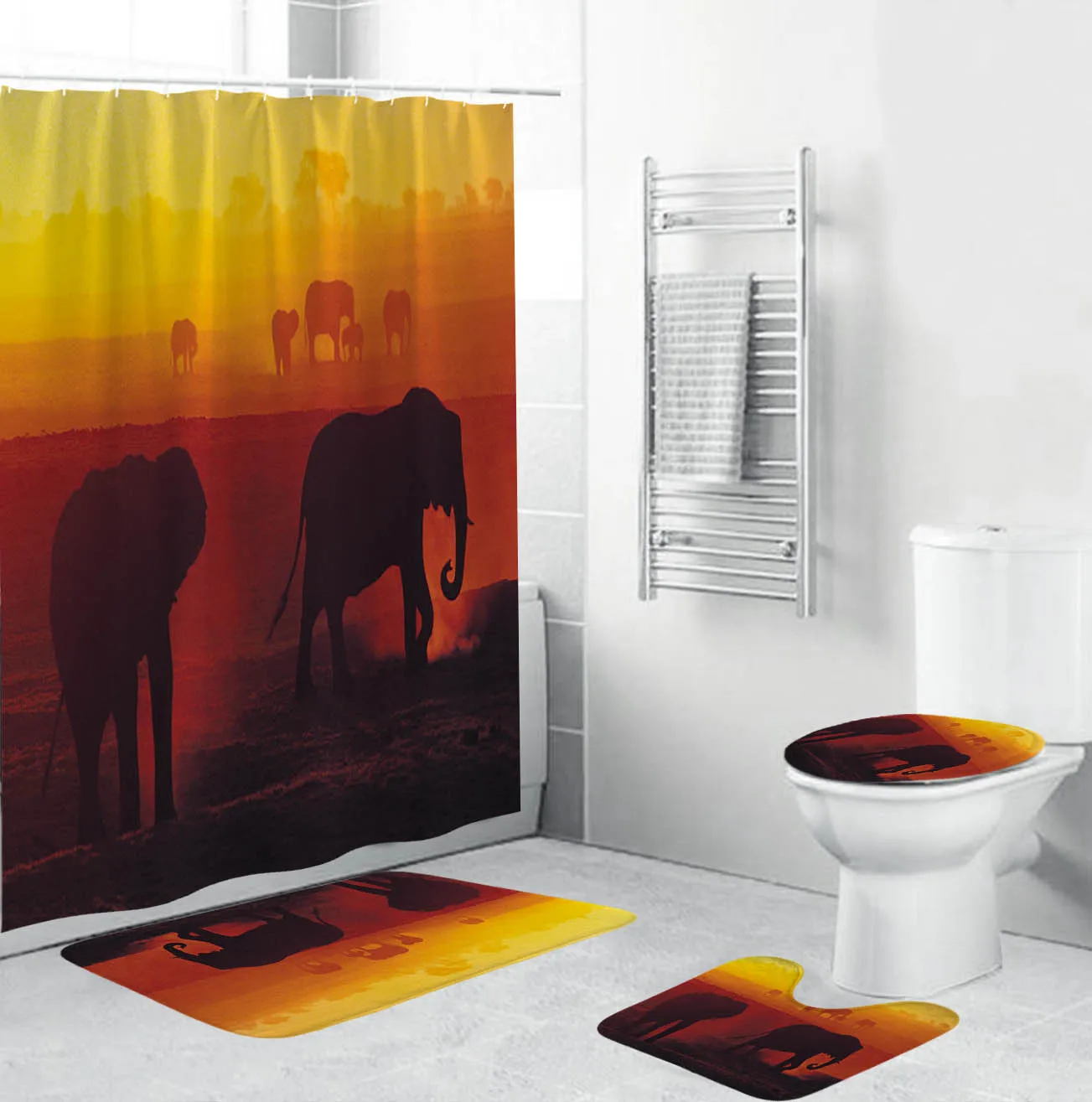 Sunset Elephant Shower Curtain Polyester 4 Piece Bathroom Set Carpet Cover Toilet Cover Bath Mat Pad For Home Decor
Sunset Elephant Shower Curtain Polyester 4 Piece Bathroom Set Carpet Cover Toilet Cover Bath Mat Pad For Home Decor
