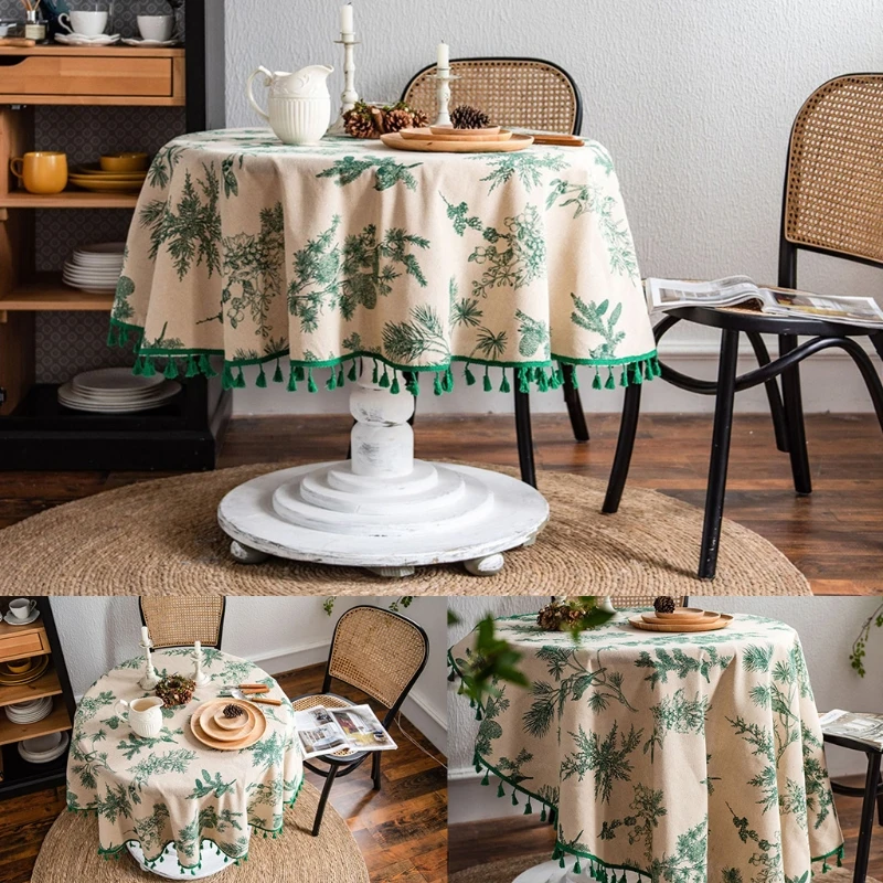 K5DC Rustic Cotton Linen Round Tablecloth Tassels Green Pine Leaves Print Table Cover
K5DC Rustic Cotton Linen Round Tablecloth Tassels Green Pine Leaves Print Table Cover