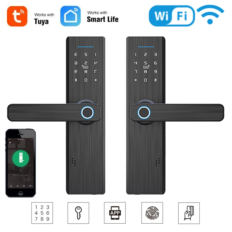 Дверной смарт-замок Tuya с Wi-Fi и сканером отпечатков пальцев
Дверной смарт-замок Tuya с Wi-Fi и сканером отпечатков пальцев