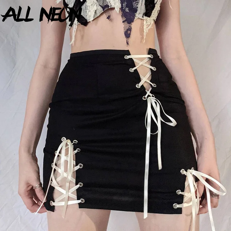 

ALLNeon Mall Gothic Y2K Lace Up Trim High Waist Black Skirts Grunge Punk Aesthetics Bandage Sexy Bodycon Pencil Skirt Short Cute