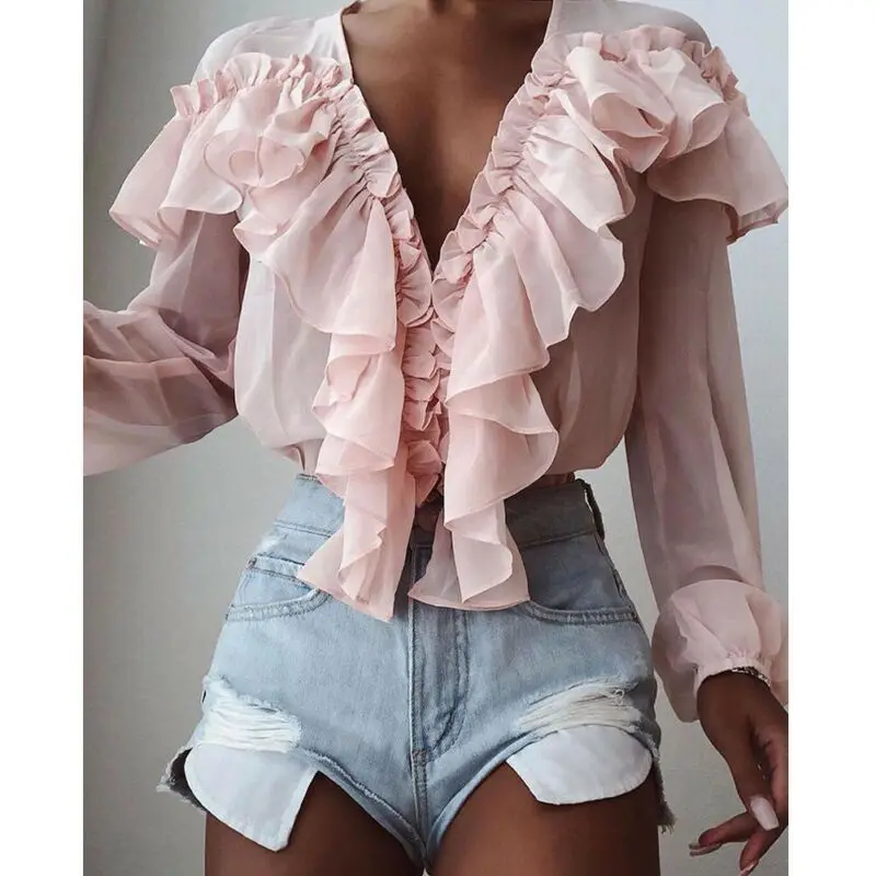 Women Chiffon Solid Color V-Neck Ruffle Trim Blouse Casual Long Sleeve Loose Top Ladies Deep V-neck Solid Blouses Clothing
Women Chiffon Solid Color V-Neck Ruffle Trim Blouse Casual Long Sleeve Loose Top Ladies Deep V-neck Solid Blouses Clothing