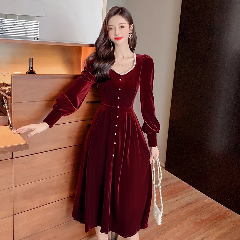 Elegant High-Quality Pleuche Dress Women'S Autumn Winter Chic Pearl Slim A-Line Vestidos 2021 Fashion Mid-Calf Party Dress
Elegant High-Quality Pleuche Dress Women'S Autumn Winter Chic Pearl Slim A-Line Vestidos 2021 Fashion Mid-Calf Party Dress