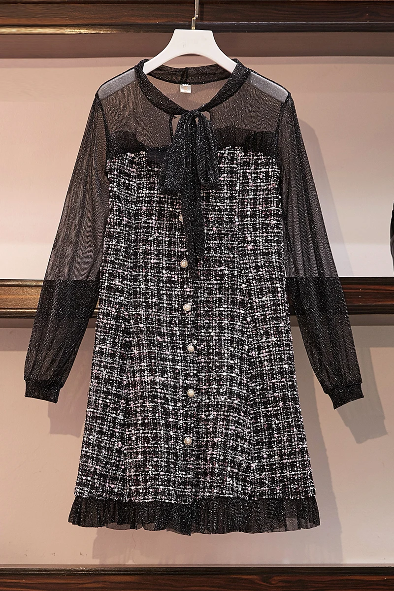 4XL large size women fat sister Autumn waist dress tweed stitching | Женская одежда