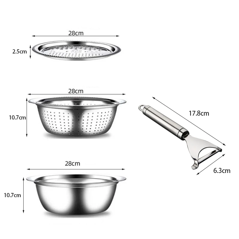 Stainless Steel Drain Tray Grater Mixing Bowl Basin Set with Vegetable Cutter Chopper Peeler 5-Quart (Set of 4)
Stainless Steel Drain Tray Grater Mixing Bowl Basin Set with Vegetable Cutter Chopper Peeler 5-Quart (Set of 4)