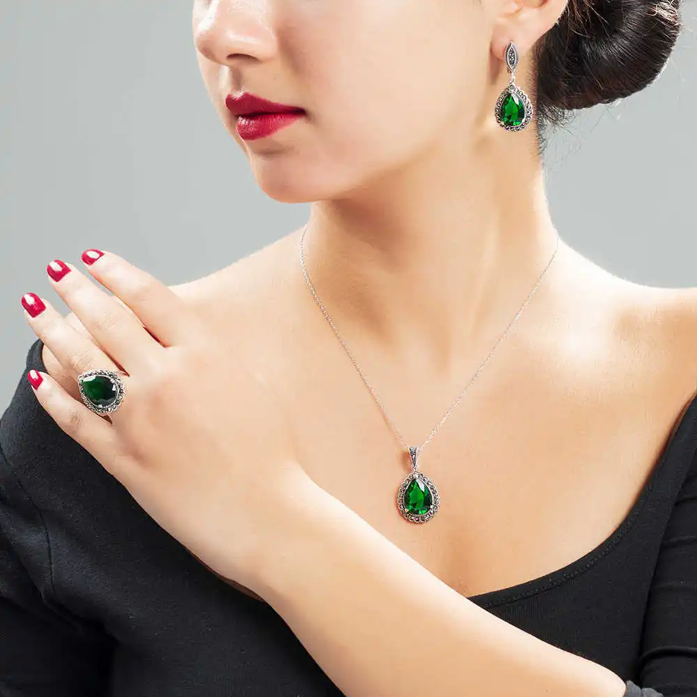 Tesbihane зеленый камень Циркон 925 пробы серебро шт набор Hurrem набор|Ювелирные наборы| |