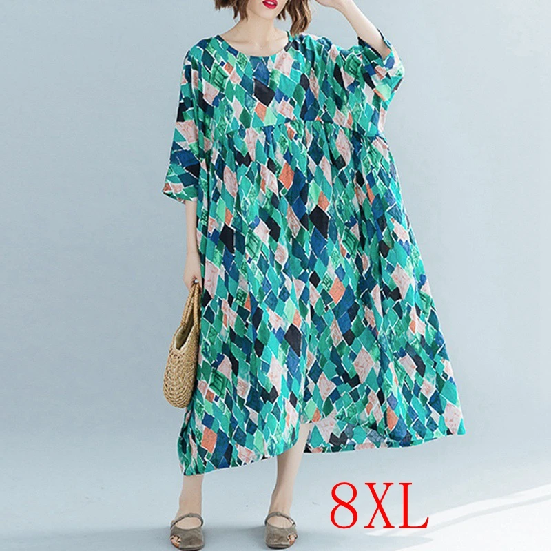

Large size dress summer new style 7XL 8XL bust 138CM cotton and linen short-sleeved round neck printing big swing fashion loose
