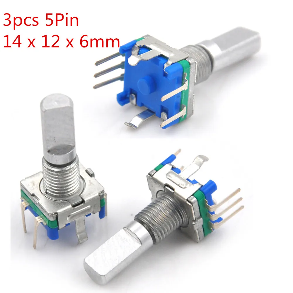 3pcs Shaft 6mm Hole 7mm 5Pin D Shaft 20 Detents Points 360 Degree Rotary Encoder w Push Button Potentiometer 14 x 12 x 6mm
3pcs Shaft 6mm Hole 7mm 5Pin D Shaft 20 Detents Points 360 Degree Rotary Encoder w Push Button Potentiometer 14 x 12 x 6mm