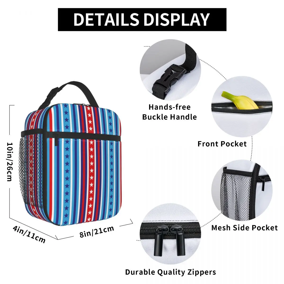 Red White And Blue Stripes With Stars Lunch Bag for Women Men Large Insulated Lunch Box with Water Bottle Holder and Pockets
Red White And Blue Stripes With Stars Lunch Bag for Women Men Large Insulated Lunch Box with Water Bottle Holder and Pockets