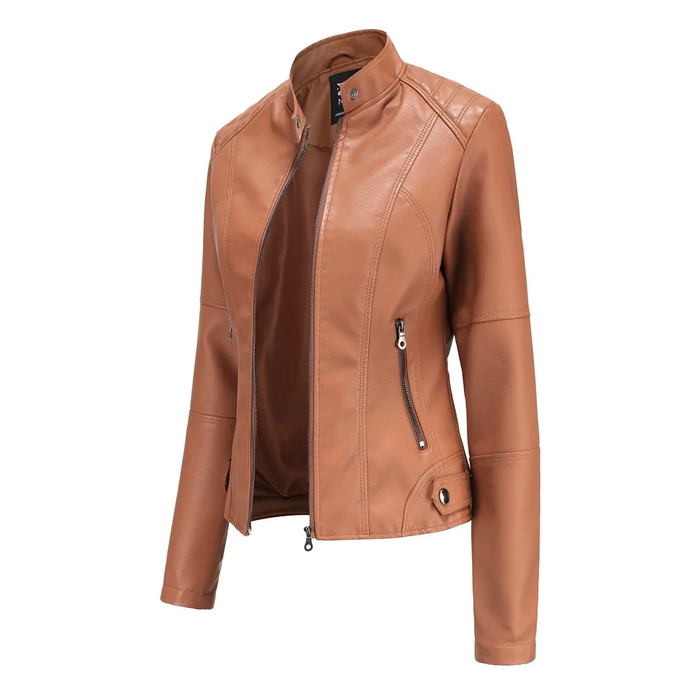 

Spring Autumn PU Leather Jacket Women High Street Solid Slim Faxu Leather Coats Elegant Moto Biker Jackets Female Outerwear 2021