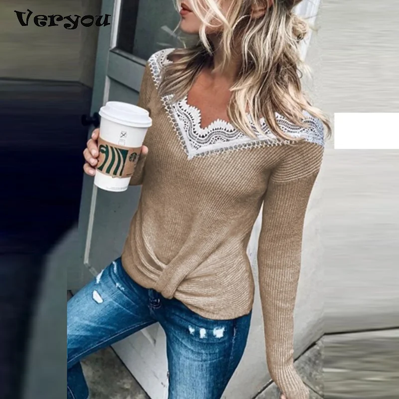 

Women's Pullover 2021 New Autumn Fashion Sexy Twisted Sweater Lace Stitching Neckline Knitted Tops Elegant Women's Sweater Tops