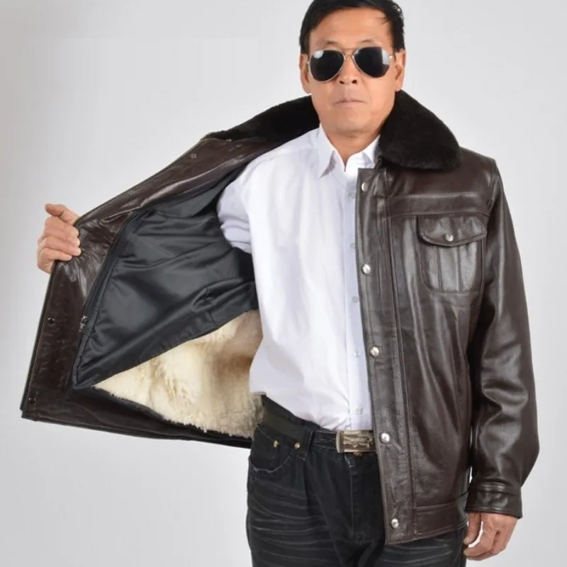 Фото Мужская зимняя куртка из натуральной воловьей кожи толстая деловая повседневная