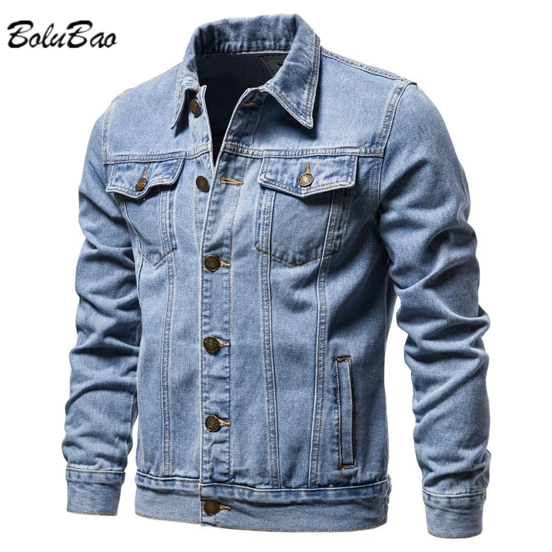 

BOLUBAO Spring Autumn Mens Denim Jacket Casual Solid Color Lapel Single Breasted Jean Jacket Slim Fit Quality Denim Jacket Male