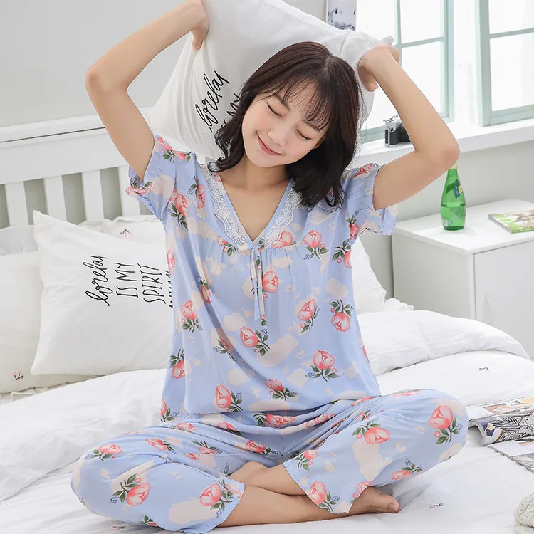 Long Pants V-neck New Pajamas Summer Ladies Sleepwear Cotton Short Sleeved Suit Elegant Nightwear Explosive Underwear Printing
Long Pants V-neck New Pajamas Summer Ladies Sleepwear Cotton Short Sleeved Suit Elegant Nightwear Explosive Underwear Printing