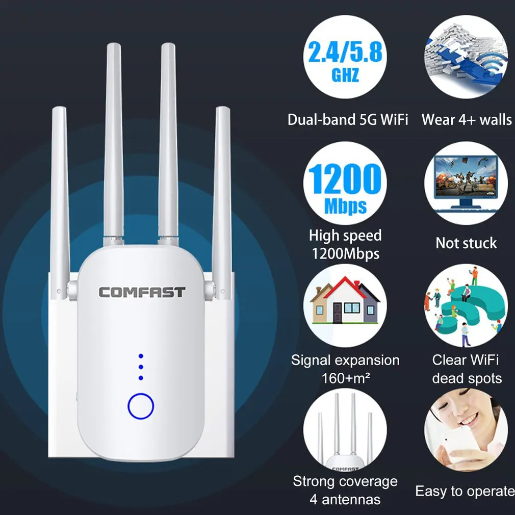 1200Mbps Dual Band 2.4G&5GHz Wireless Extender 802.11ac Wifi Repeater Powerful Wi-Fi Router Long Range Wlan WiFi Amplifier
1200Mbps Dual Band 2.4G&5GHz Wireless Extender 802.11ac Wifi Repeater Powerful Wi-Fi Router Long Range Wlan WiFi Amplifier