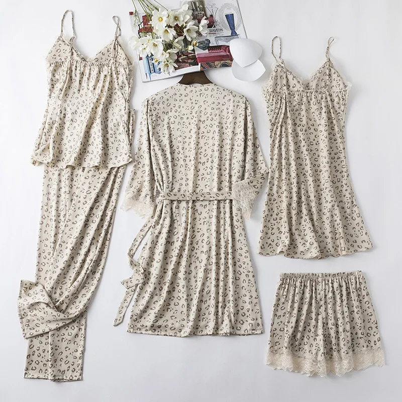 Robe Kimono Gown Spring Summer Pijamas Suit Sexy Pink Leopard Pajamas Set 5PCS Women Sleepwear Loose Casual Sleep Set Hoomewear 
Robe Kimono Gown Spring Summer Pijamas Suit Sexy Pink Leopard Pajamas Set 5PCS Women Sleepwear Loose Casual Sleep Set Hoomewear