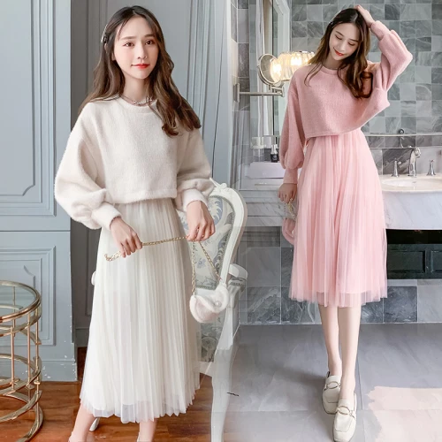 

Knit Vintage 2019 New A-line Two Piece Set Fashion Loose Casual Twinset Brief Korean Mesh Women 2 Piece Skirt Sets