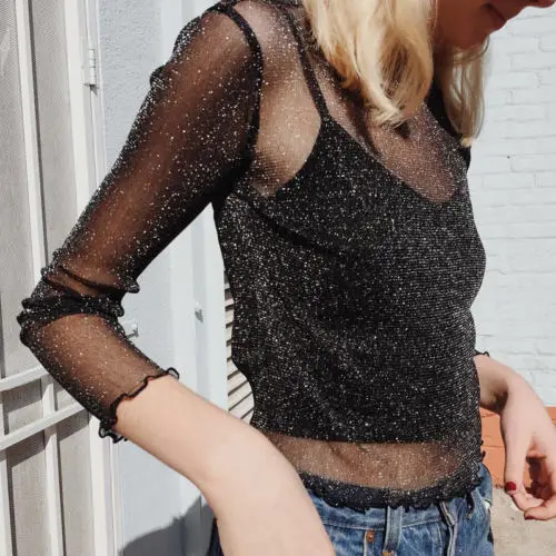 Summer Mesh Top Transparent Bling Solid Casual Slim Thin T Shirt Ladies Fashion Long Sleeve Shirt Women S M L XL
Summer Mesh Top Transparent Bling Solid Casual Slim Thin T Shirt Ladies Fashion Long Sleeve Shirt Women S M L XL