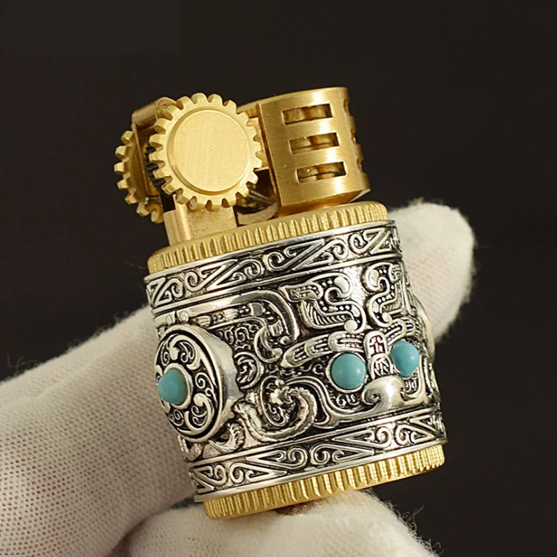 

Retro Flame Metal Oil Kerosene Lighter Grinding Wheel Refillable Cigarette Tobacco Lighters Inlaid turquoise Men Fire