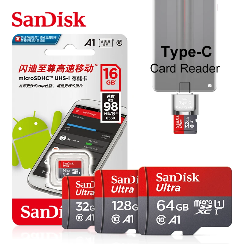 

SanDisk Memory Card 128GB 64GB 100MB/S Micro sd card 256GB UHS-1 Class10 32GB 16GB flash card Memory Microsd Type-C Card Reader