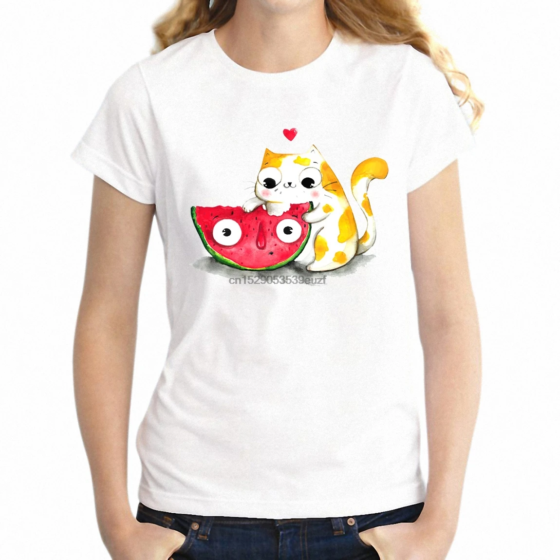 Женская футболка с изображением милого кота едущего арбуза женская коротким