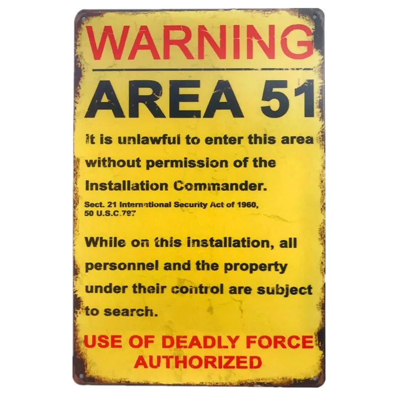Warning Area 51 Plaque Metal Vintage Tin Sign Wall Poster Bar Garage Home Art Vintage Wall Decor
Warning Area 51 Plaque Metal Vintage Tin Sign Wall Poster Bar Garage Home Art Vintage Wall Decor