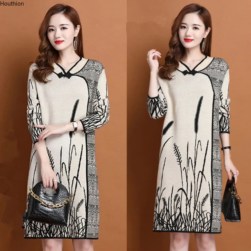 Knitting Loose Women Dresses New Fashion Casual Long Sleeve Dress Ink Printing V-neck Autumn A-LINE Knee-Length Houthion
Knitting Loose Women Dresses New Fashion Casual Long Sleeve Dress Ink Printing V-neck Autumn A-LINE Knee-Length Houthion