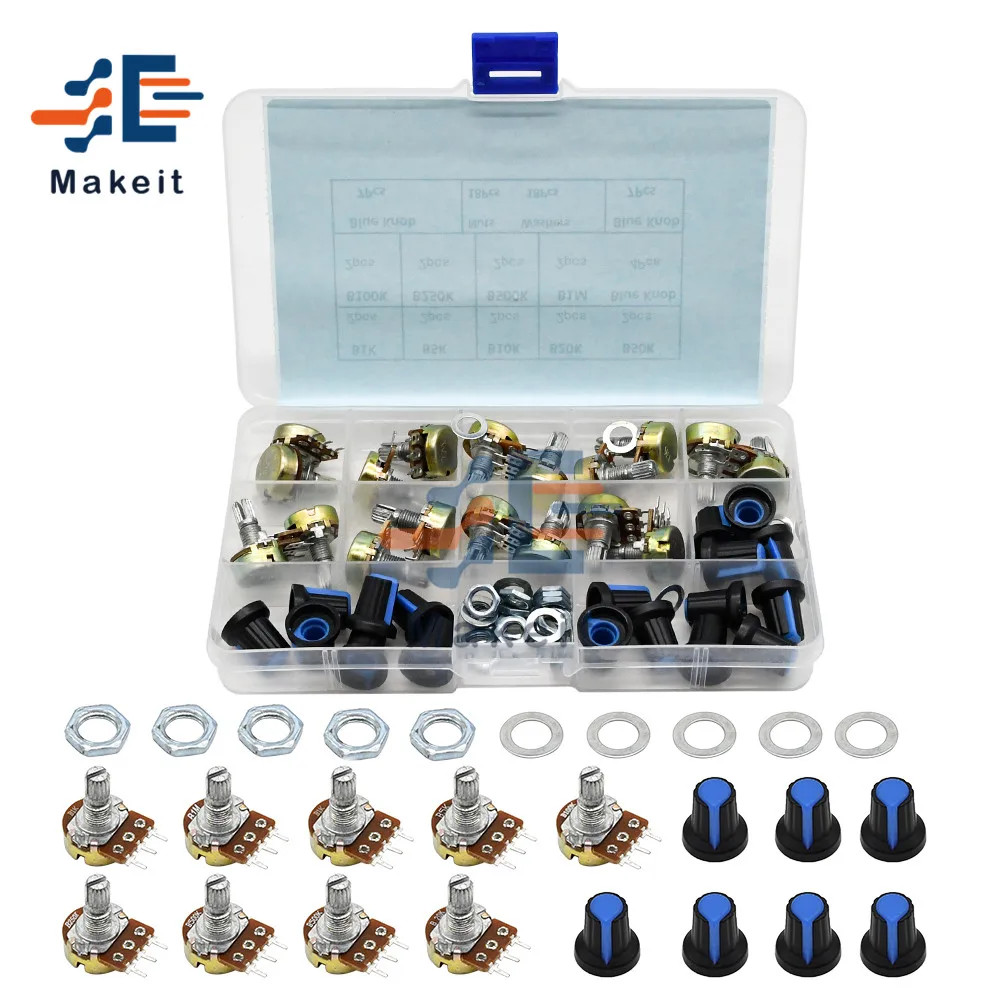18Pcs/lot 9 Values WH148 Potentiometer B1K 2K 5K 10K 20K 50K 100K 250k 500K 1M ohm Linear Rotary Potentiometer with Knobs
18Pcs/lot 9 Values WH148 Potentiometer B1K 2K 5K 10K 20K 50K 100K 250k 500K 1M ohm Linear Rotary Potentiometer with Knobs