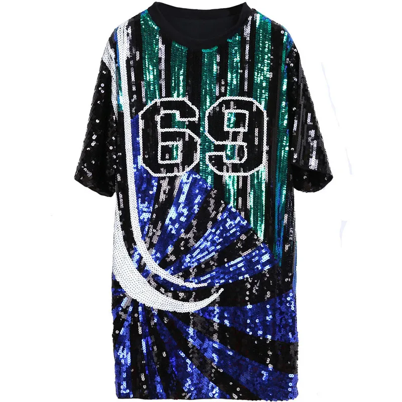 Fashion new black number 69 Sequined Embroidered Short sleeve T-shirt Middle long loose casual street Shirt woman | Женская одежда
