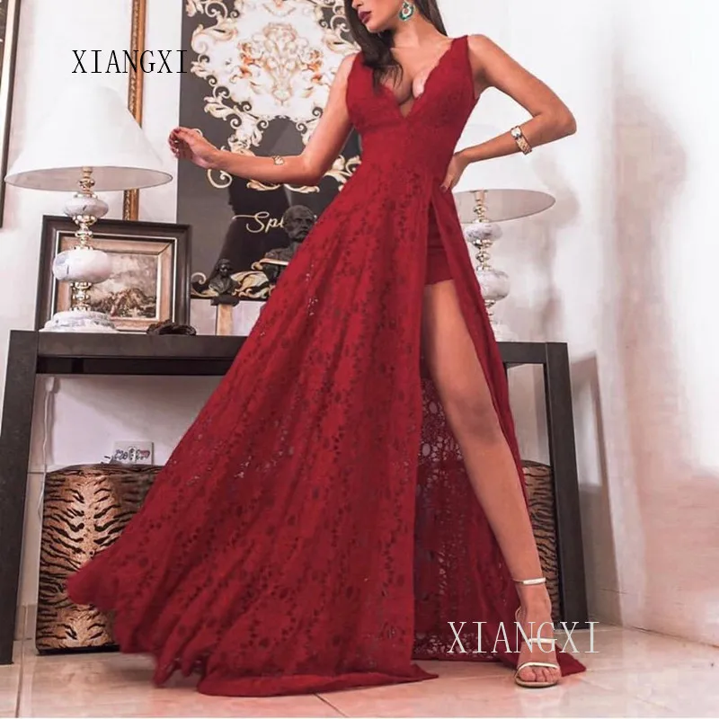 Dark Red Evening Dress Long Evening Dresses Lace A-Line V-Neck Sleeveless High Split Formal Gowns Party Dress Vestidos
Dark Red Evening Dress Long Evening Dresses Lace A-Line V-Neck Sleeveless High Split Formal Gowns Party Dress Vestidos