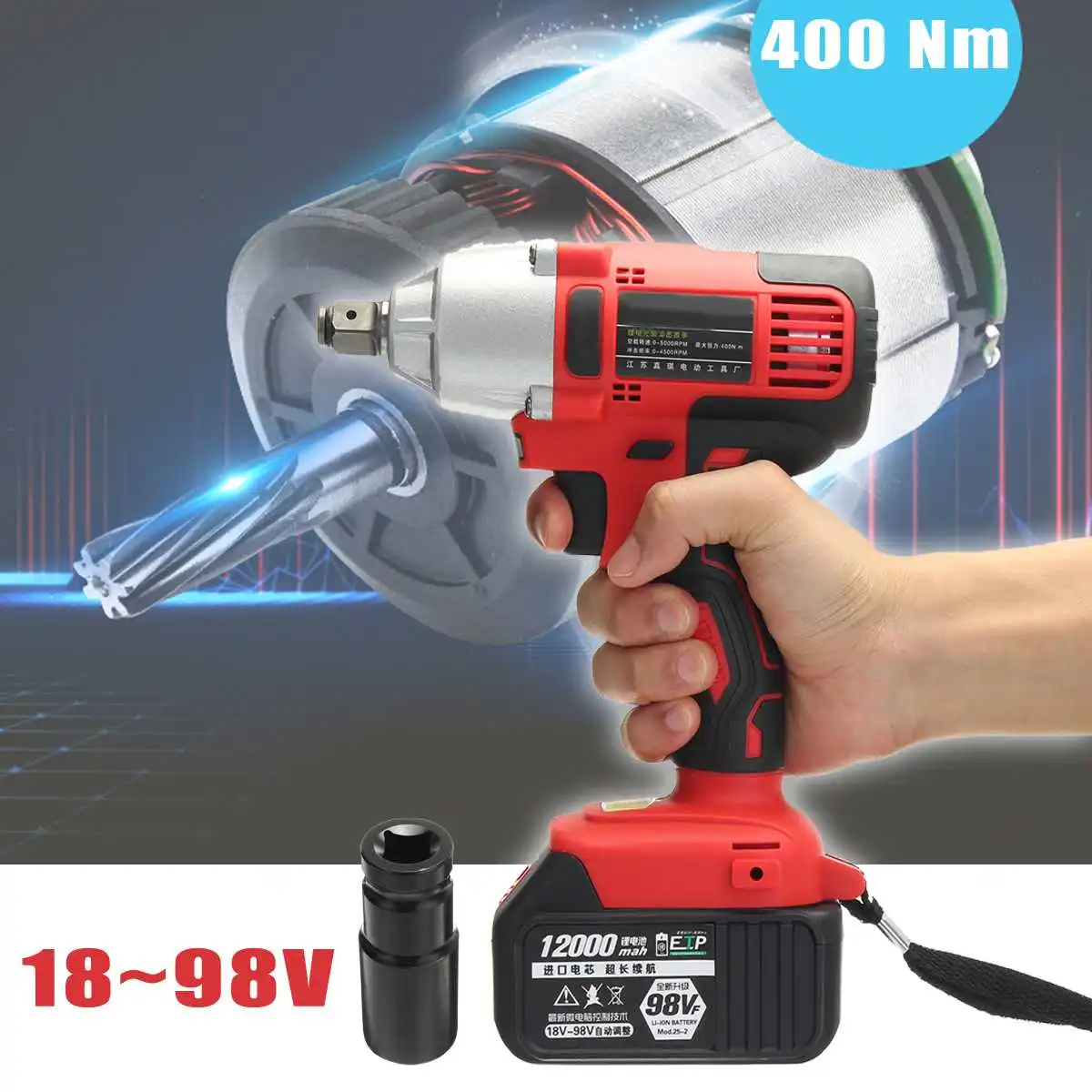 

98V Impact Wrench Brushless Cordless Electric Wrench 400Nm Torque with 2 Pcs Rechargeable Lithium-Ion Battery Power Tools